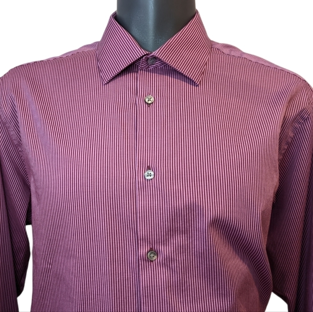 Calvin Klein Slim Fit Burgundy Vertical Stripe Button Front Shirt sz 18 Pink